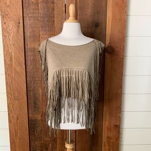 All Saints Tan Fringe “Destroyed” Crop Top UK 8